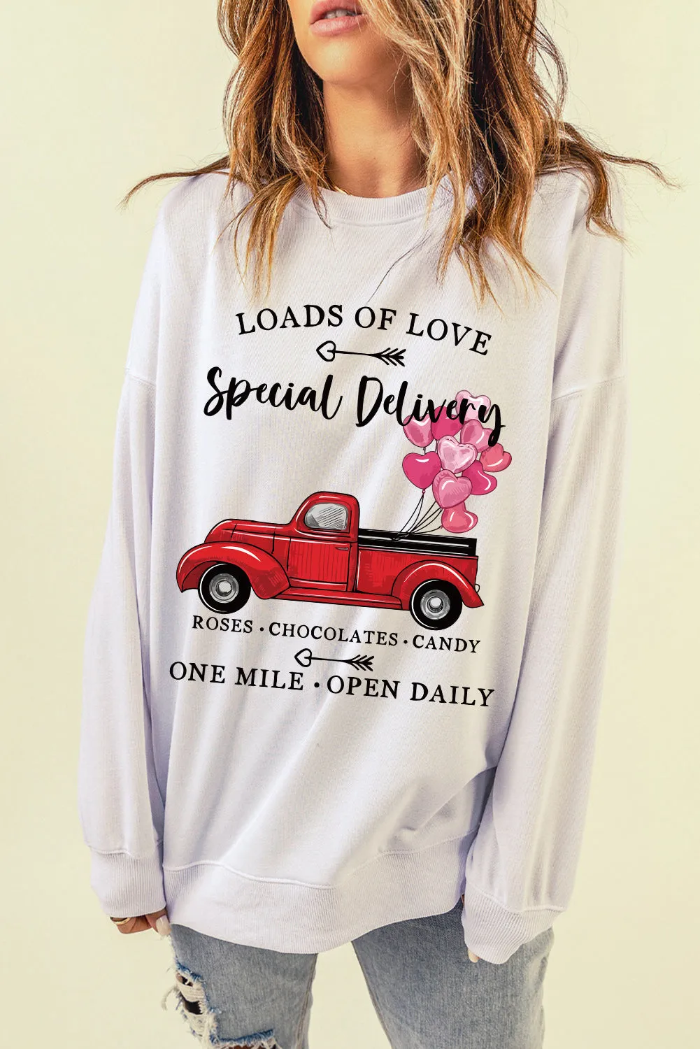 White Special Delivery Car Heart Print Oversized Sweatshirt