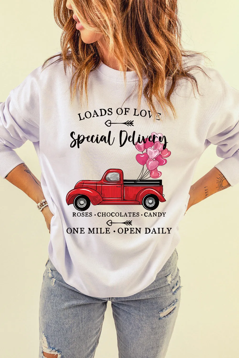 White Special Delivery Car Heart Print Oversized Sweatshirt