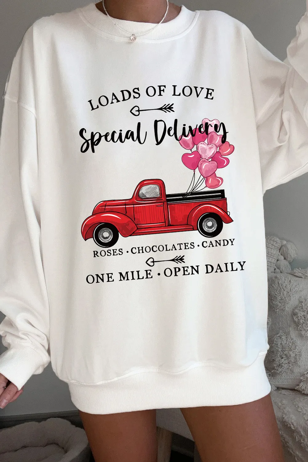 White Special Delivery Car Heart Print Oversized Sweatshirt