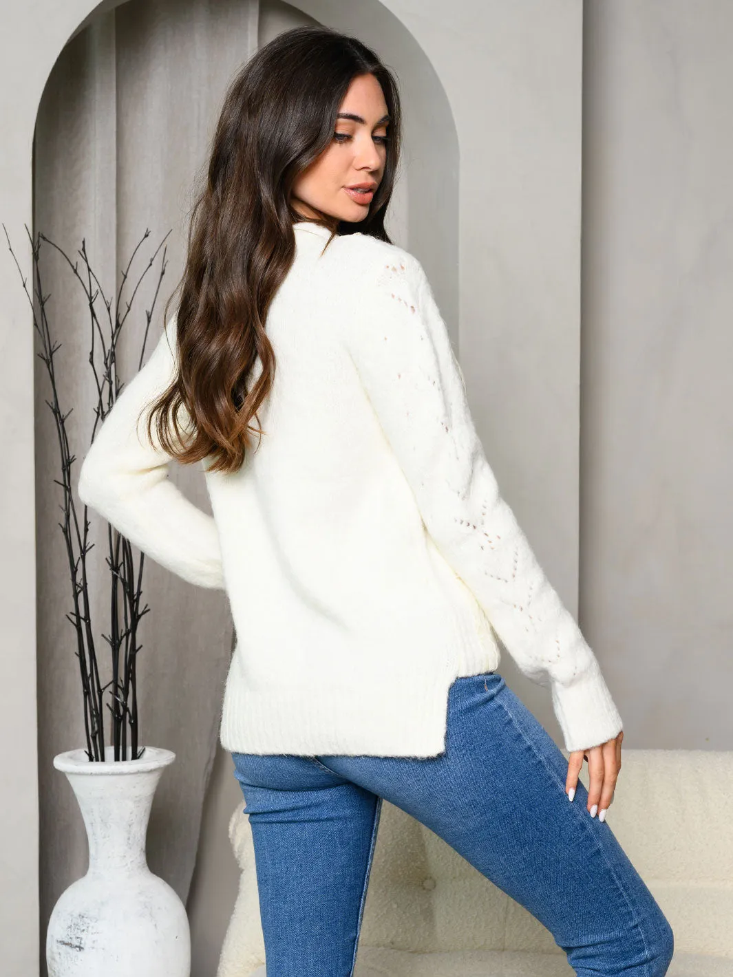 WOMEN'S LONG SLEEVE KNIT LACE FRONT DETAILED SWEATER