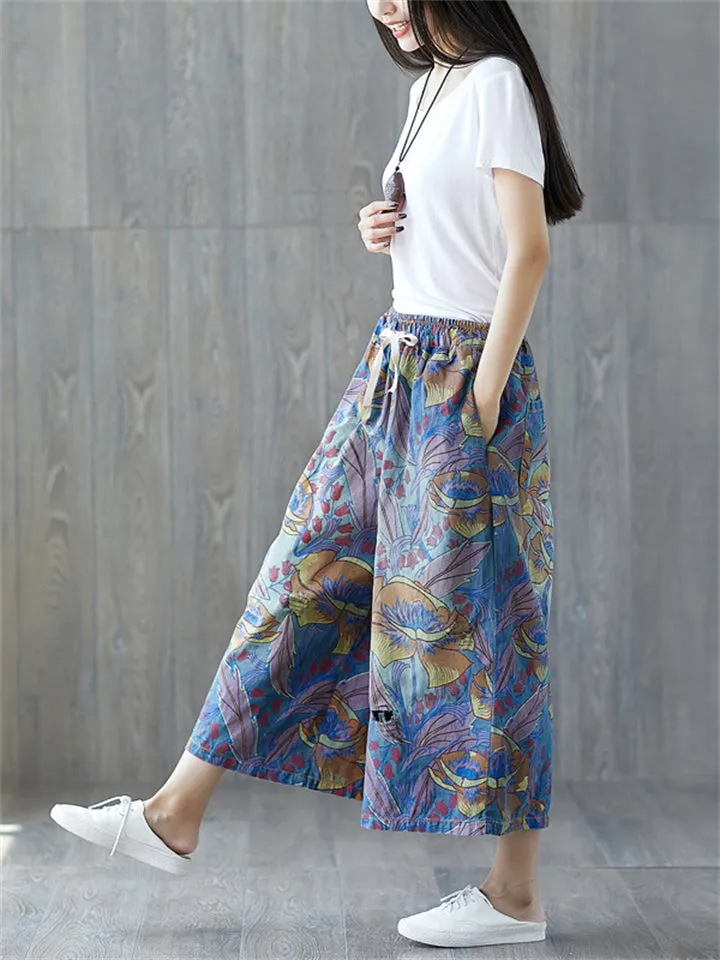 Women's Pretty Floal Printed Elastic-waist Wide Leg Jeans
