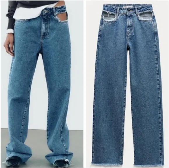 ZARA MID RISE RIPPED CUT OUT STRAIGHT LEG JEANS Size 6